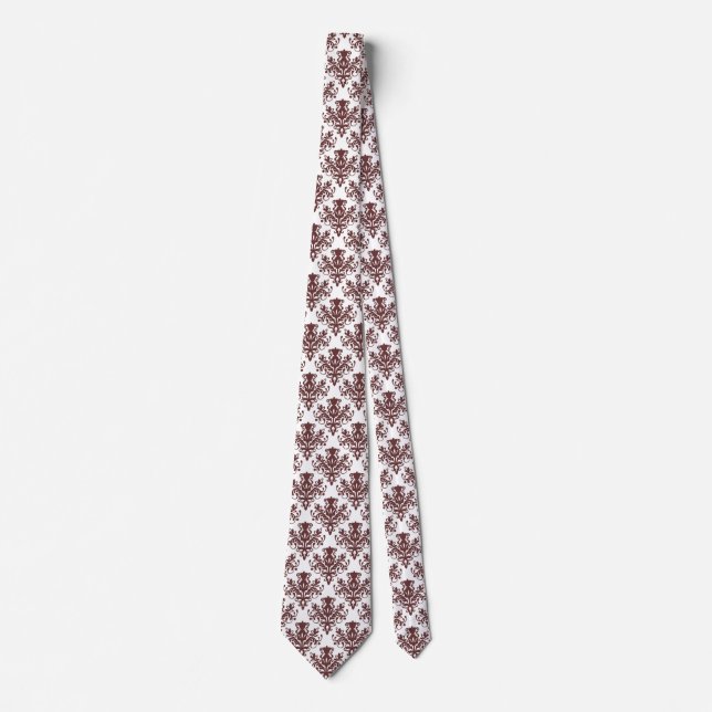 Damask 02 Pattern - Dark Brown on White Tie (Front)