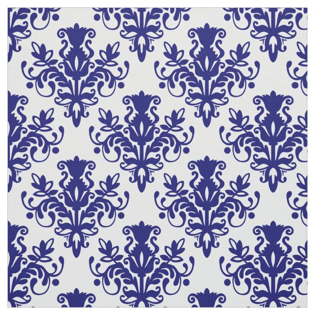 Damask 02 Pattern - Deep Navy Blue on White Fabric (Swatch)
