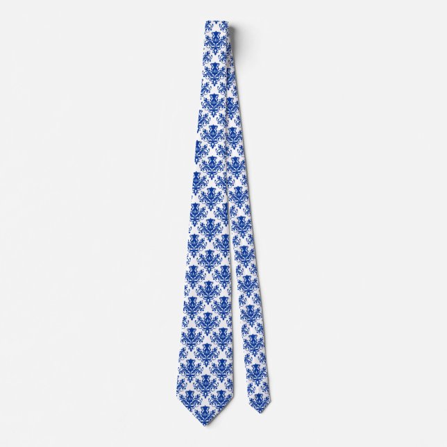 Damask 02 Pattern - Navy Blue on White Tie (Front)