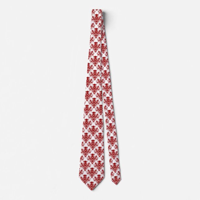 Damask 02 Pattern - Ruby Red on White Tie (Front)