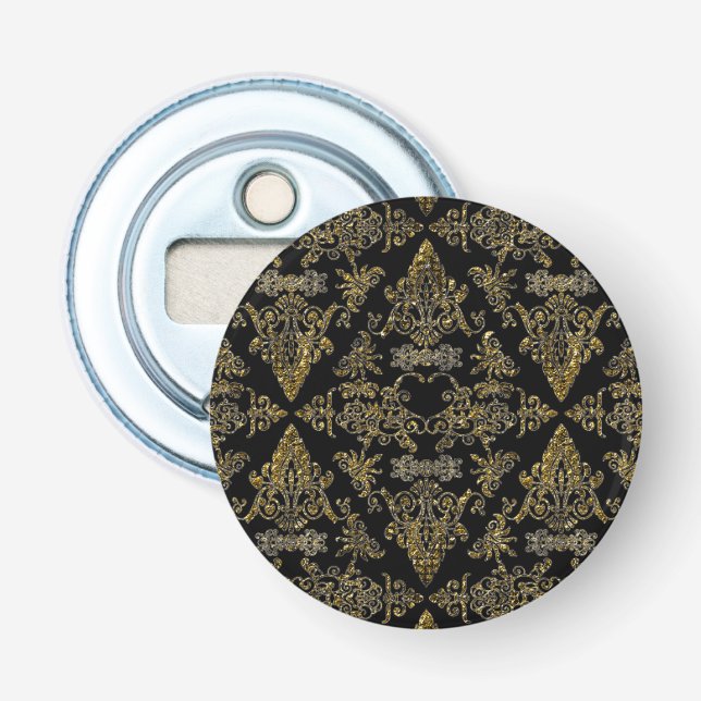 Damask 06 Black-Gold-Round Bottle Openers (Front)
