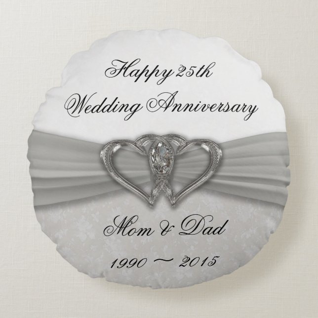 Damask 25th Wedding Anniversary Round Throw Pillow (Front)