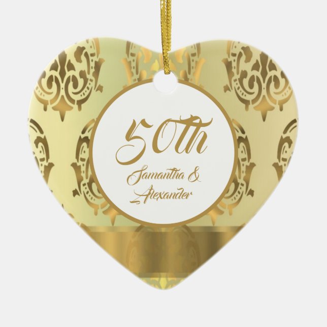 Damask 50th Golden wedding Anniversary Ceramic Tree Decoration (Front)
