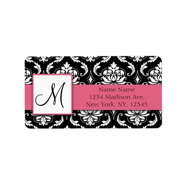 Damask Address Label Honeysuckle Pink Monogram (Front)