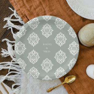 Damask Ambience Pale Olive Elegant Wedding Plates