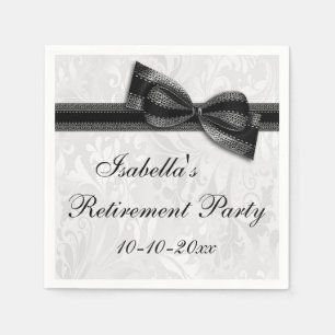 Damask and Black Faux Bow Retirement Napkin