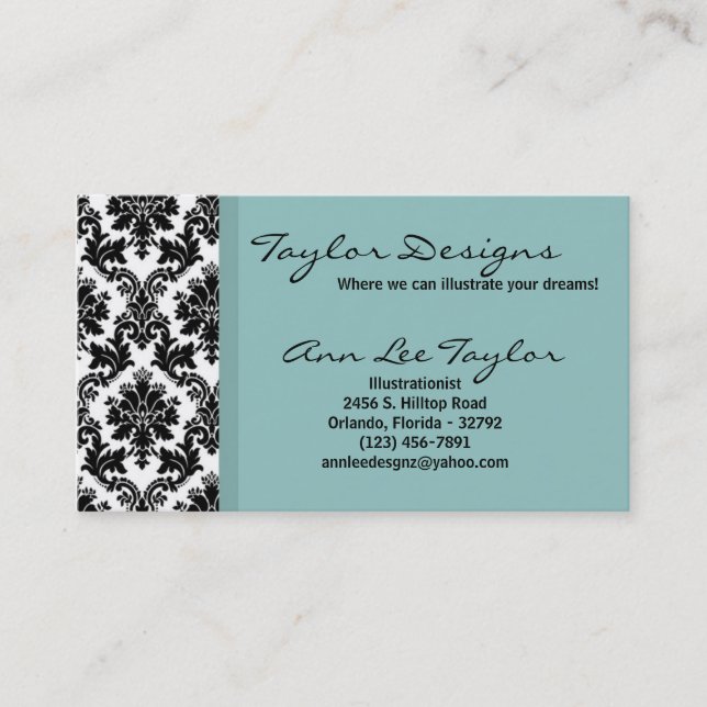 Damask and Blue Elegant Business Card (Front)