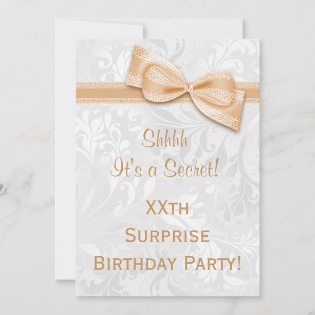 Damask and Bow Surprise Birthday Party Invitation (Front)