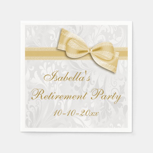 Damask and Gold Faux Bow Retirement Napkin (Front)