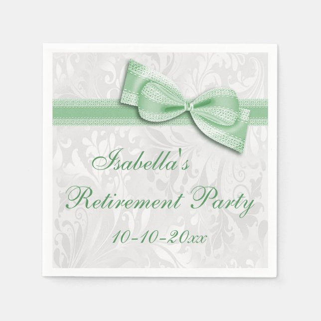 Damask and Green Faux Bow Retirement Napkin (Front)