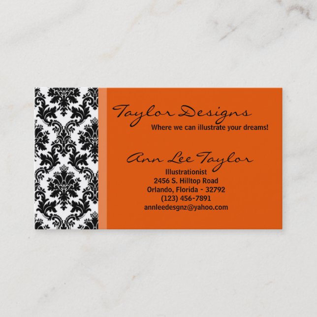 Damask and Orange Elegant Trendy Business Card (Front)