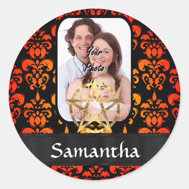 Damask and pentacle classic round sticker (Front)