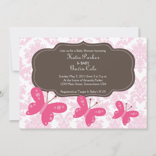 Damask and Pink Butterfly Invitation (Front)