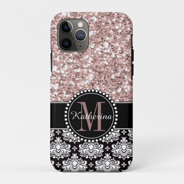 Damask and Pink Glitter, Monogrammed Case-Mate iPhone Case (Back)
