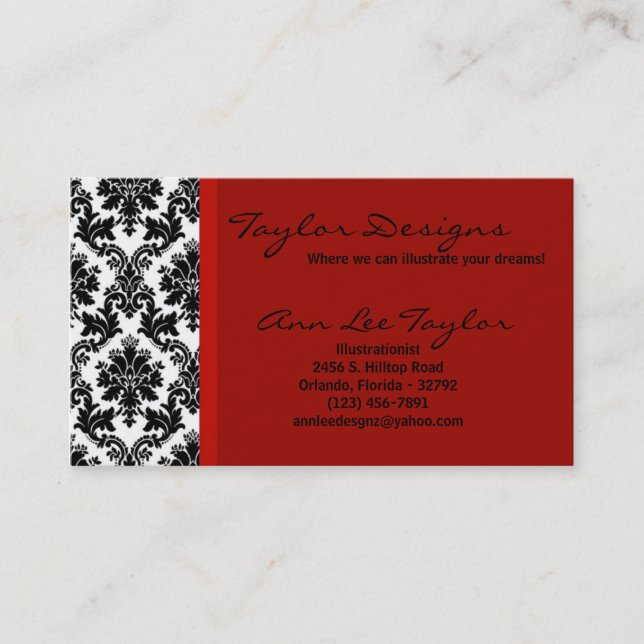 Damask and Red Elegant Trendy Chic Business Card (Front)