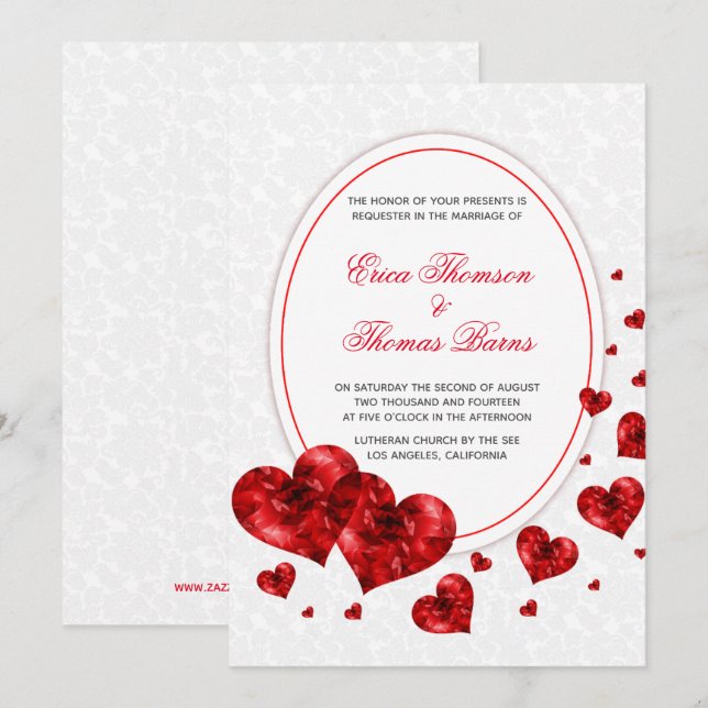 Damask And Red Hearts Wedding Invitation (Front/Back)