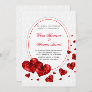 Damask And Red Hearts Wedding Invitation