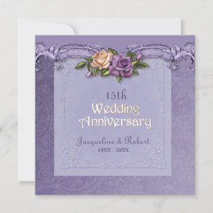 Damask and Roses Purple 15th Wedding Anniversary Invitation