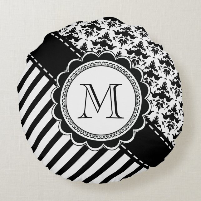 Damask and Stripes Monogram Round Cushion (Back)