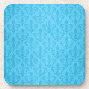 Damask aqua blue fleur de lis set of 6 coasters