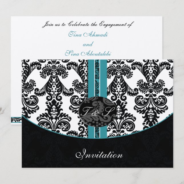 damask aqua silver wedding invitation (Front/Back)