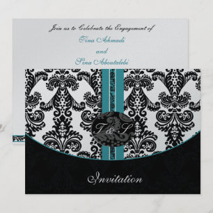damask aqua silver wedding invitation