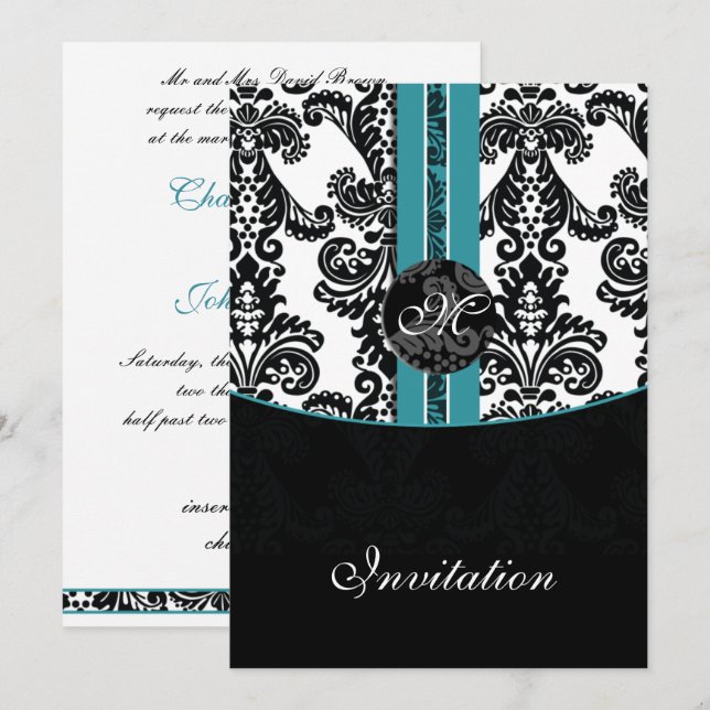 damask aqua wedding invitation (Front/Back)