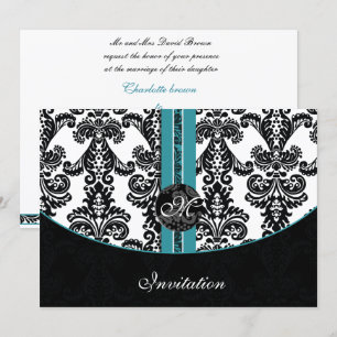 damask aqua wedding monogram invitation