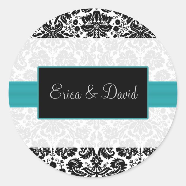 damask aqua   Wedding Monogram stickers (Front)
