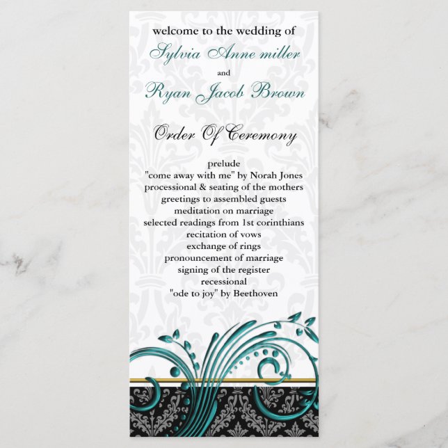 damask aqua Wedding program Programme (Front)