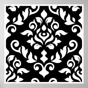 Damask Baroque Design White on Black Poster
