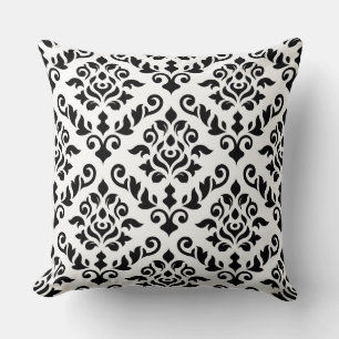 Damask Baroque Pattern Black on White Cushion