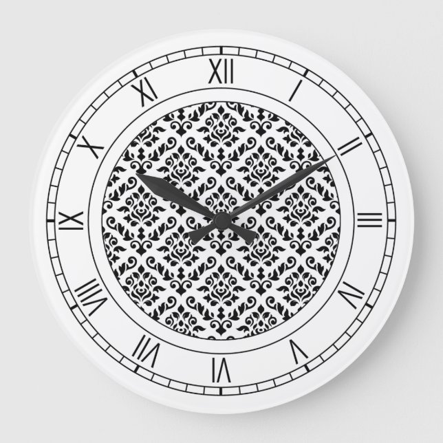 Damask Baroque Pattern Black on White Large Clock (Front)