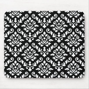 Damask Baroque Pattern White on Black Mouse Mat
