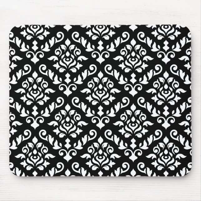 Damask Baroque Pattern White on Black Mouse Mat (Front)