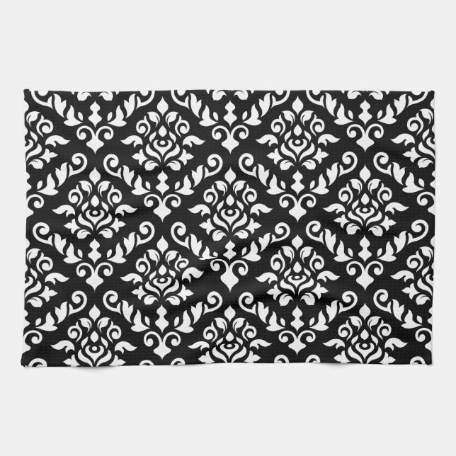 Damask Baroque Pattern White on Black Tea Towel (Horizontal)