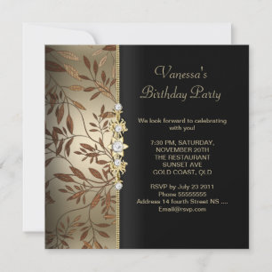 Damask Birthday Party Gold Black Floral Brown Invitation