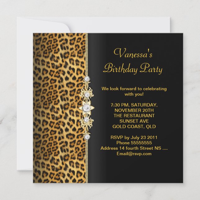 Damask Birthday Party Gold Black Leopard Invitation (Front)