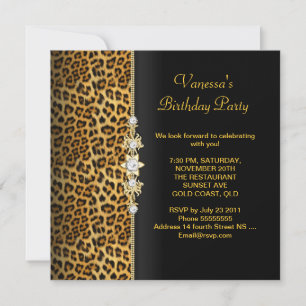 Damask Birthday Party Gold Black Leopard Invitation