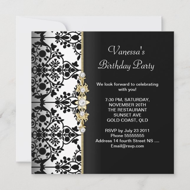 Damask Birthday Party Gold Black White Floral Invitation (Front)