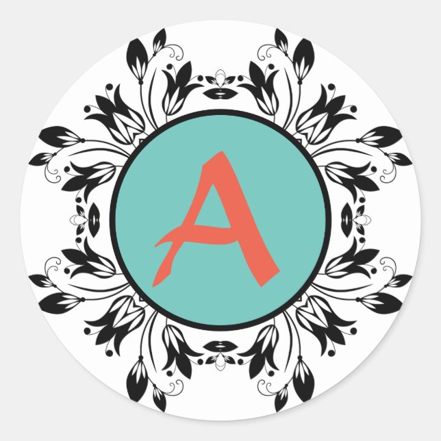 Damask black and white MONOGRAM Sticker (Front)