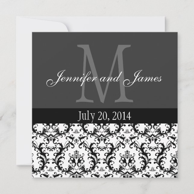 Damask Black and White Monogram Wedding Invitation (Front)