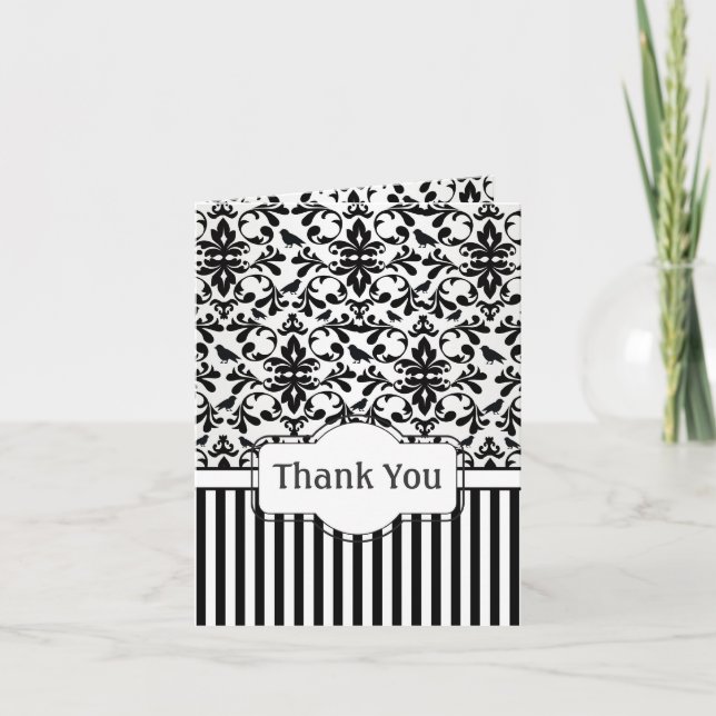 Damask black and white swirls, birds Thank You (Front)