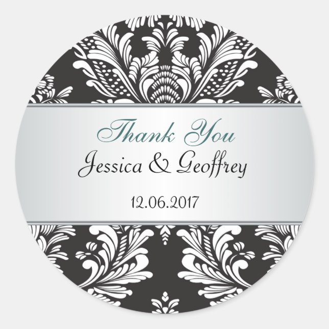 Damask black and  white Thank you Wedding Sticker (Front)