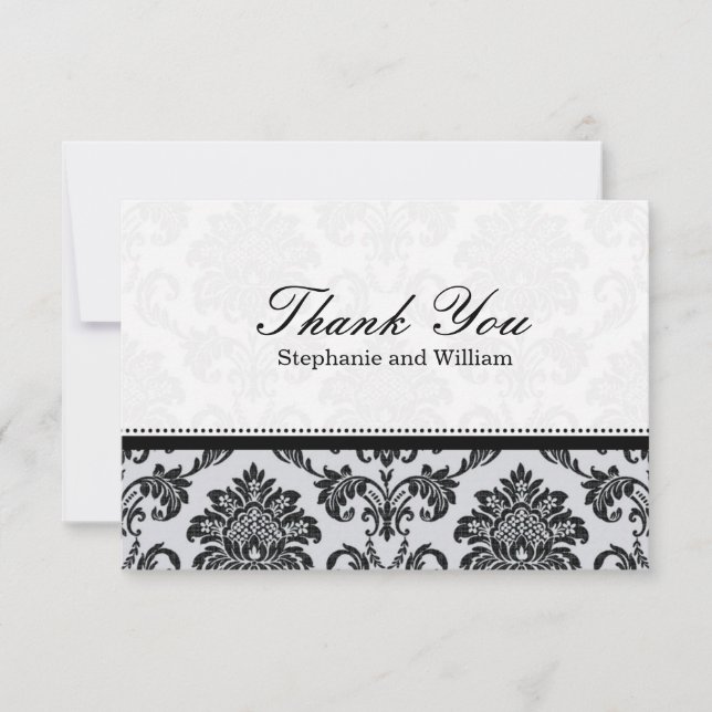 Damask Black and White Wedding Thank You Card (Front)