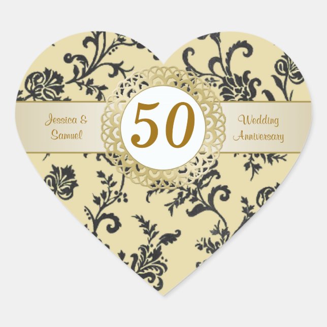 Damask black flowers on gold Wedding Anniversary Heart Sticker (Front)