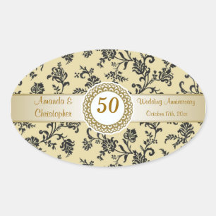 Damask black flowers on gold Wedding Anniversary Oval Sticker