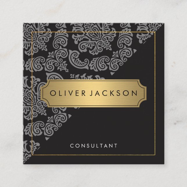 Damask Black Gold Executive Square Business Card (Front)