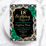 Damask Black Gold Green Roses 18th Birthday Invitation<br><div class="desc">18th Birthday Party Invitation. Elegant floral emerald green design with faux glitter gold and roses. Features black and white damask pattern and script font. Perfect for a stylish womens bday celebration. Can be customised for any age! Printed Zazzle invitations or instant download digital printable template.</div>