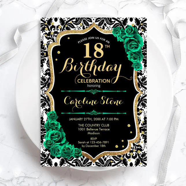 Damask Black Gold Green Roses 18th Birthday Invitation | Zazzle